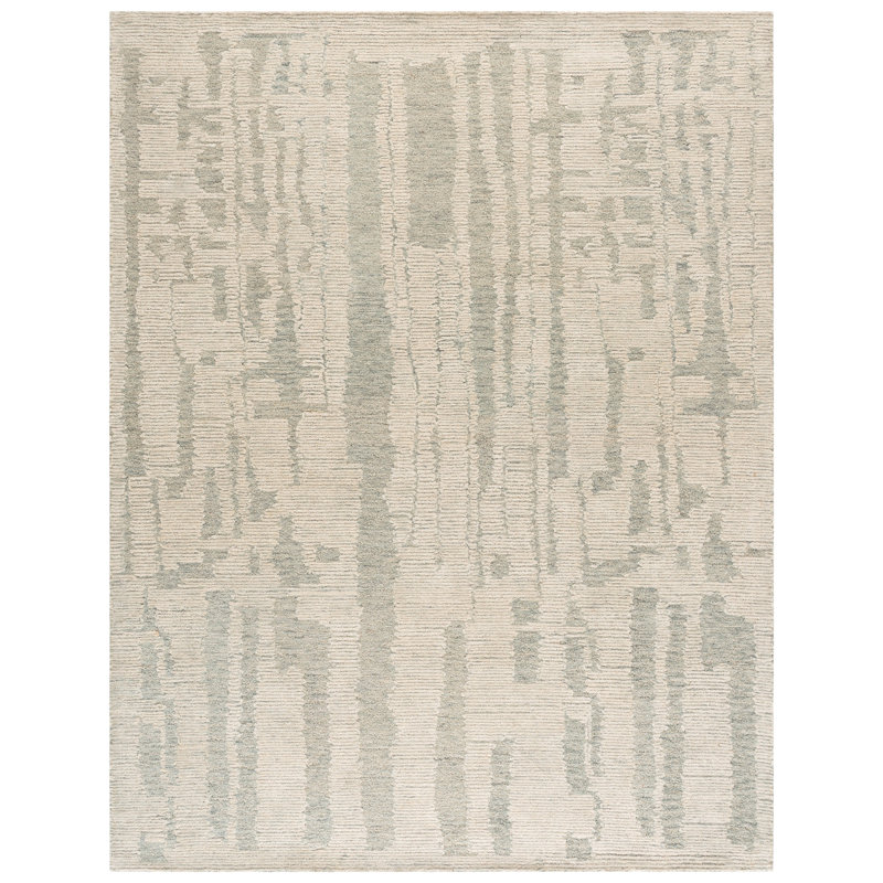 Laine touffetée à la main Harvest 301; Tapis abstrait en coton ivoire / bleu clair, Rectangle 8 pi x 10 pi