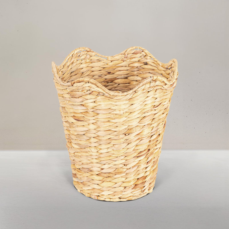 Woven Water Hyacinth Wastebin With Scalloped Edge