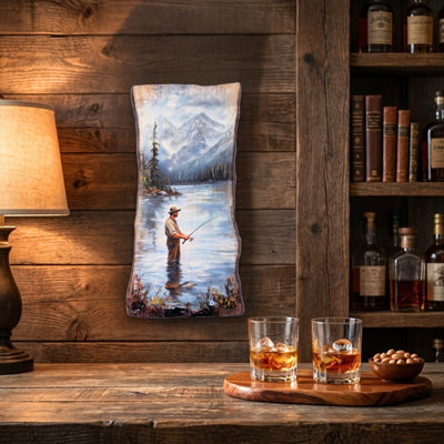 Wood Fishing Scene Wall Plaque Coastal Lake House Wall Decor