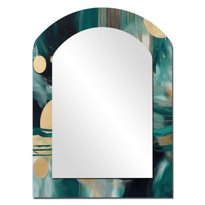 Vive émeraude et contours dorés cercles II - formes abstraites, miroir mural décoratif asymétrique, grand miroir en arche dorée, impression sur métal
