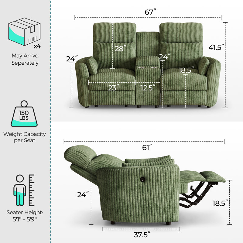  L'ensemble de salon inclinable 2 pièces Sherry comprend un canapé inclinable manuel de 67 po avec console de rangement et un fauteuil inclinable de 34 po