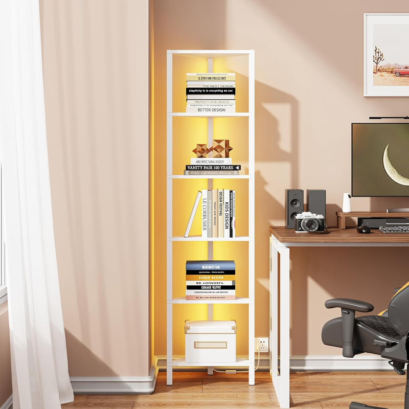 Étagère d'angle à 6 niveaux avec lumière DEL, présentoir de bibliothèque étroite pour les petits espaces et les coins, grand support de rangement pour le salon, la chambre à coucher et le bureau à domicile