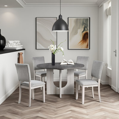 Ensemble de salle à manger 5 pièces transitionnel - Table ronde à piédestal gris et 4 chaises rembourrées gris clair
