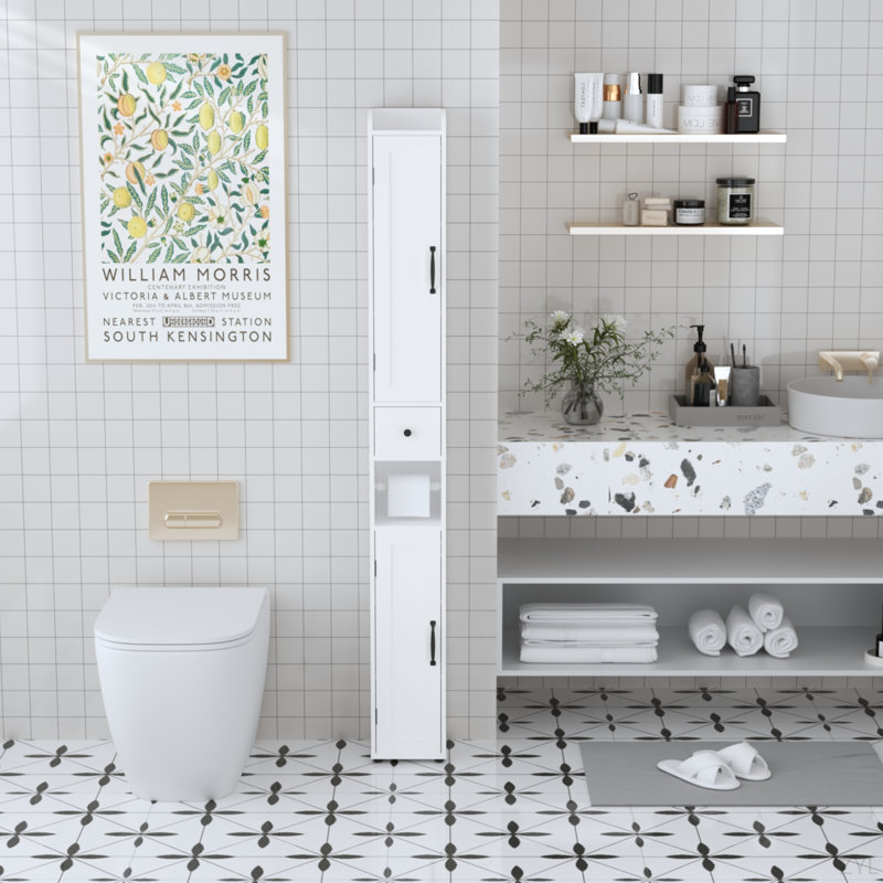 67.51" Tall Bathroom Storage Cabinet With Adjustable Shelves,Slim 2 Doors Freestanding Cabinet With Anti-Tip, Open Compartments, For Home, Small Spaces, Bathroom,Kitchen, Living Room, White