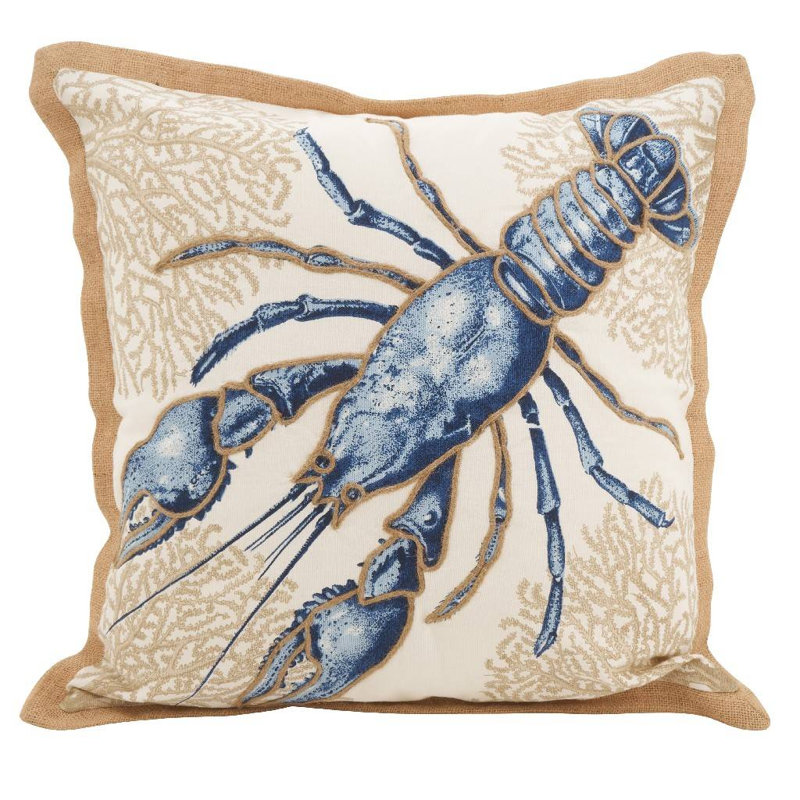 Navy Blue Lobster Cotton Decorative Down-Filled Throw Pillow, 20" W X 20" L