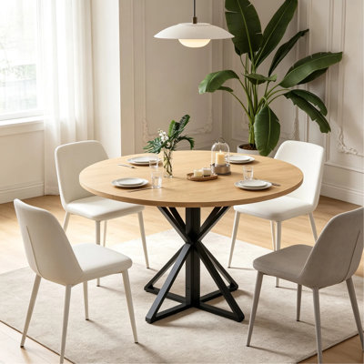 Table de salle à manger ronde de 47 pouces de style campagnard, plateau de table en bois lisse avec socle stable en métal, mobilier de restaurant compact et peu encombrant, idéal pour les petites salles à manger et les appartements
