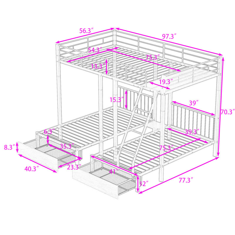 2 Drawers Metal Full Over Twin & Twin Triple Bunk Bed With Guardrails, Shelves And Ladder, Detachable Design, Black