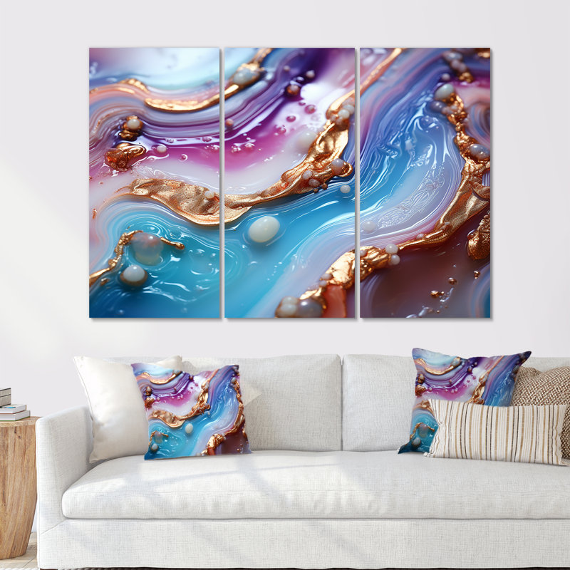 Opulent Agate Azure Dreams Glam - ensemble de reproductions d'art mural en marbre, Toile tendue, H 28 po x l 36 po x P 1 po