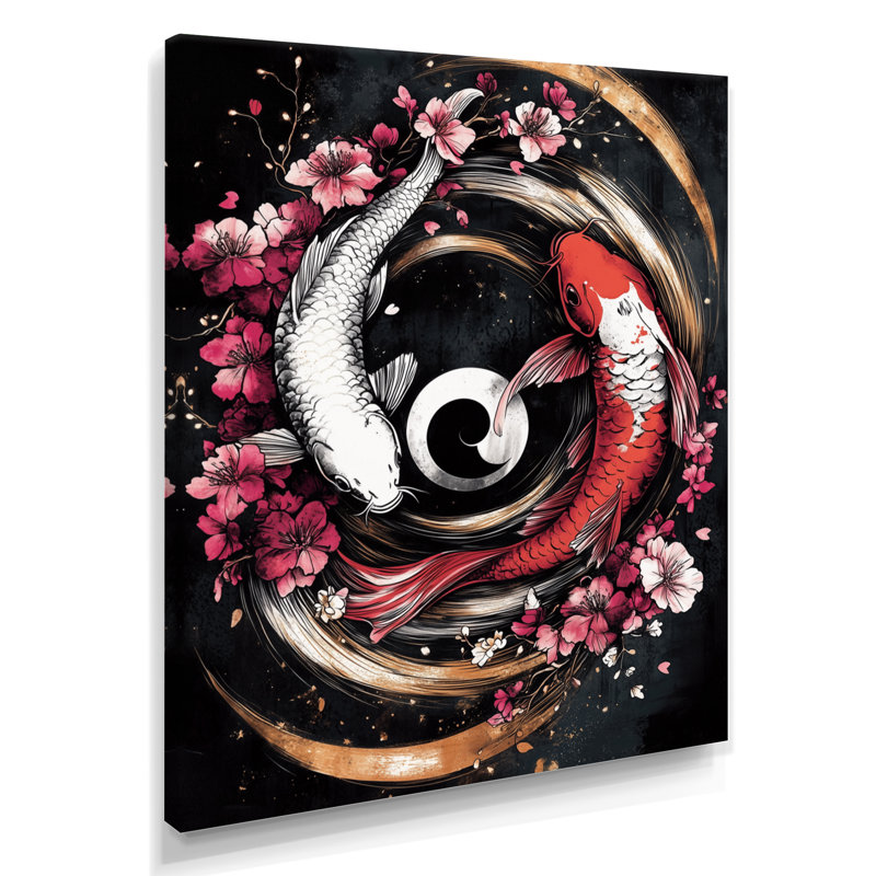 Sakura Yin et Yang Koi Pond I - reproduction d'art mural Kois Fish, Toile tendue, H 32 po x l 16 po x P 1 po