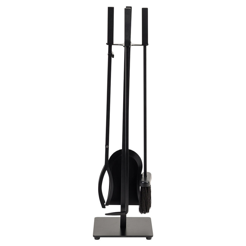 Modern Black Steel 5-Piece Fireplace Tool Set with Stand