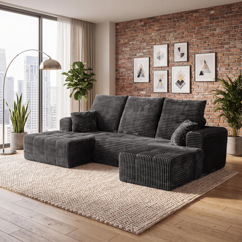 Canapé d'angle modulaire compressé en forme de U de 277 cm de large avec méridienne et pouf, 3 pièces, revêtement en velours côtelé, assise profonde, ressorts ensachés et 5 coussins pour salon, aucun assemblage requis, gris