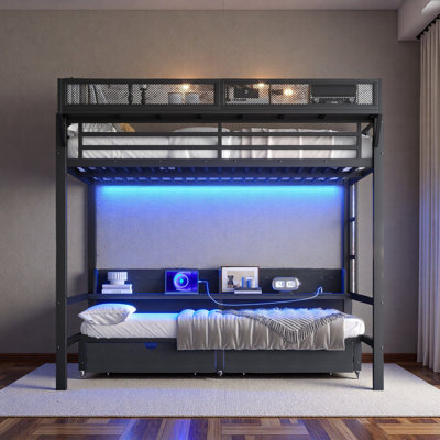 Bunk Bed With Storage Shelves And Drawers,Multifunctional Metal Bunk Beds With USB Ports And LED Lights, Lower Bed That Can Be Converted Into A Sofa