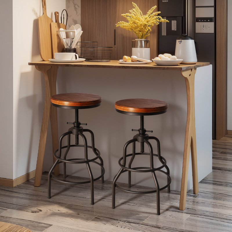 Vintage Industrial Bar Stool-Rustic Swivel Bar Stool-Round Wood Metal Stool-Counter/Bar Height Adjustable Pipe Stool-Cast Steel Stool 23.62"-29.52" (Set Of 2)