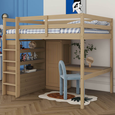 Lit mezzanine double en bois avec bureau, lit robuste avec garde-robe intégré, tablettes de rangement et tiroirs