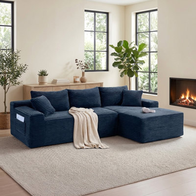 95" Cloud Modern Modular L-Shape Sectional Sofa with Reversible Chaise No Assembly Blue Corduroy Deep Seat