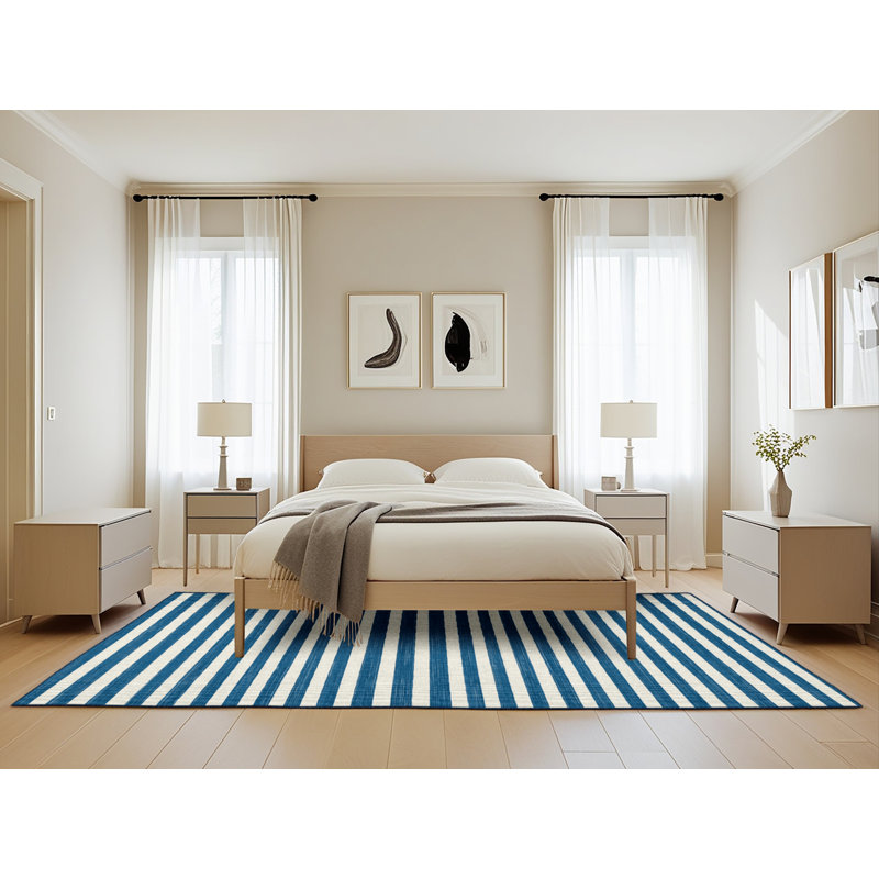 Tapis bleu à rayures horizontales lavable à la machine, Rectangle 5 pi x 8 pi
