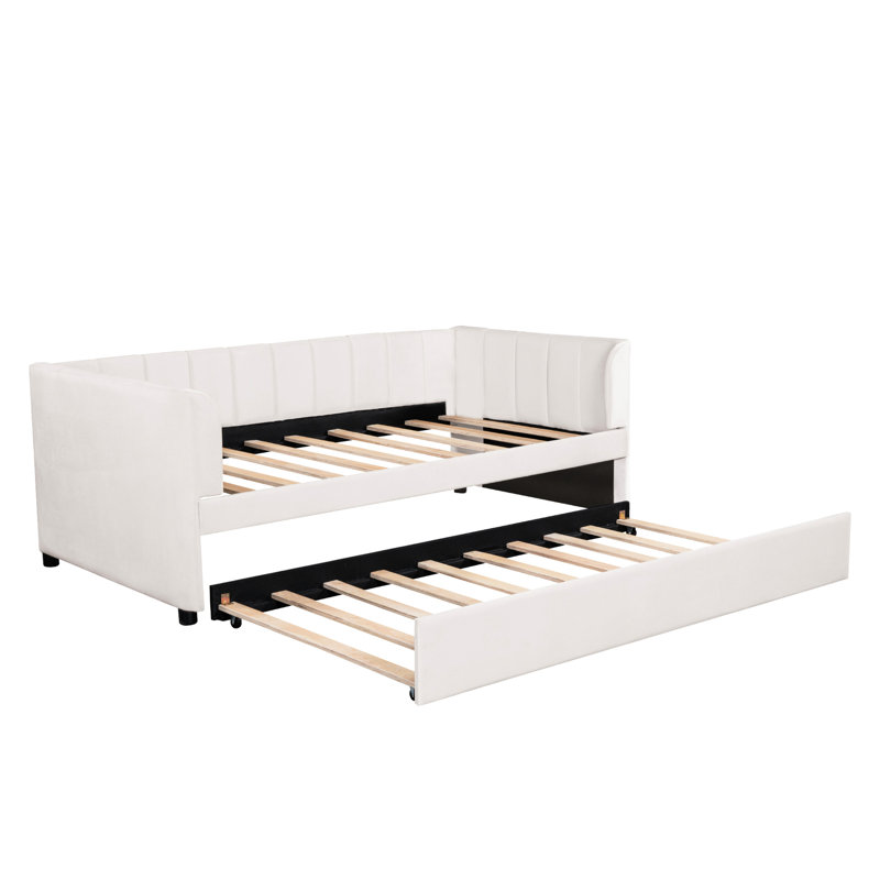 Beige Velvet Twin Size Daybed With Ergonomic And Expandable Trundle Convenient