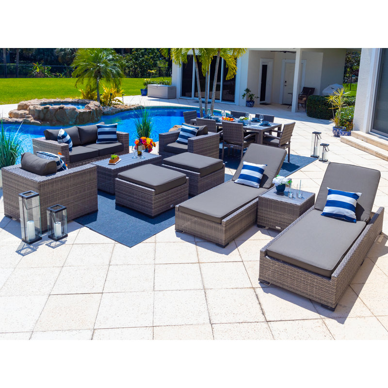 Ensemble de patio complet en rotin 16 pièces avec coussins Sunbrella Yussuf, Gris anthracite