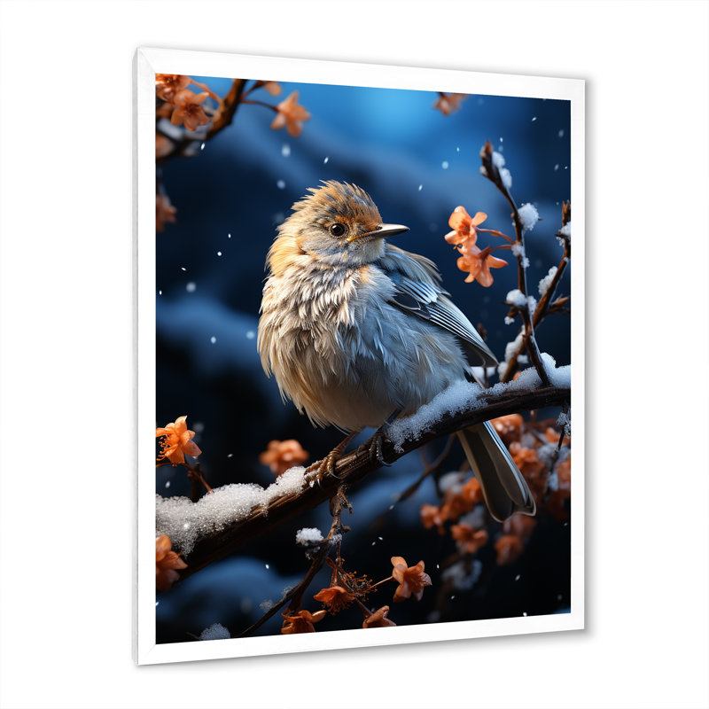 «Winter Bird Serenity I», art mural oiseau, H 32 po x l 16 po x P 1 po, Cadre simple blanc