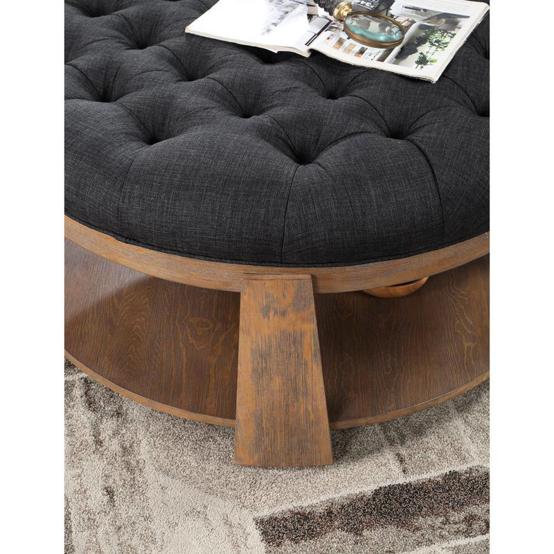 Repose-pieds capitonné de style transitionnel à assise profonde en lin avec tablette ouverte ton naturel / gris foncé | Structure en bois | Noyer brun