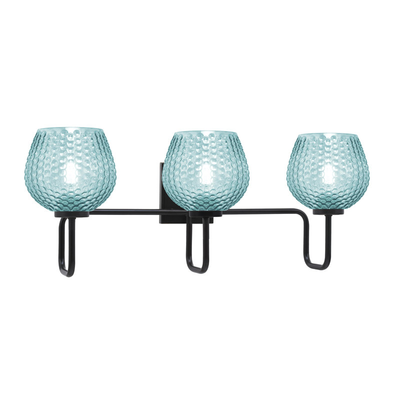 Barre d'éclairage de salle de bain 3 lumières Amarmula, finition noir mat, verre texturé turquoise 6 po, Sarcelle, Noir