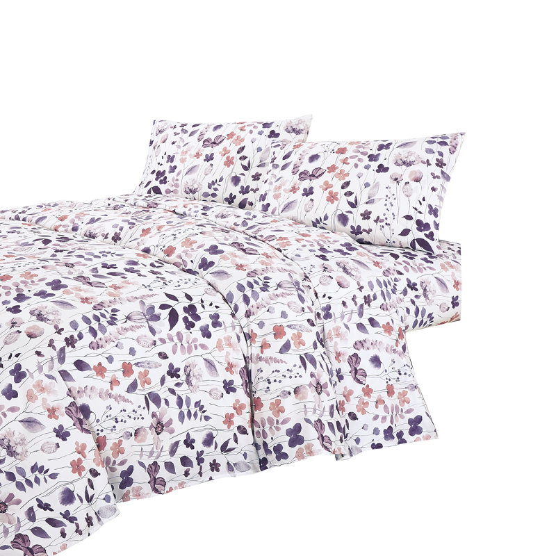 Floral Printed Sheet Set, King Sheet Set with 2 Pillowcases, Purple Floral