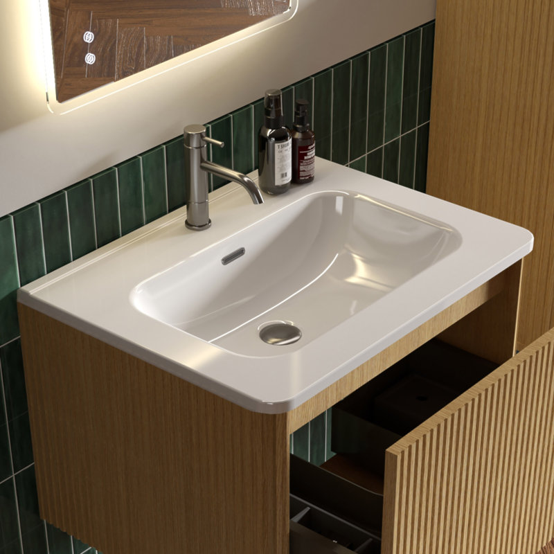Lavabo intégré en céramique blanche brillante, drain et robinet non inclus