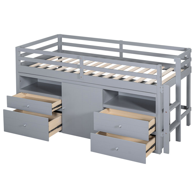 Lit mezzanine simple gris avec 4 tiroirs, armoire et étagère, Gris