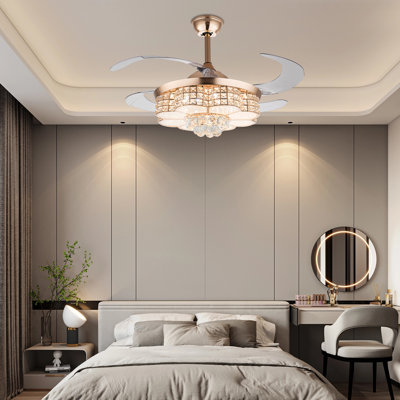 Ventilateur de plafond en cristal moderne rétractable 4 pales de 42 pouces avec lumières DEL et télécommande