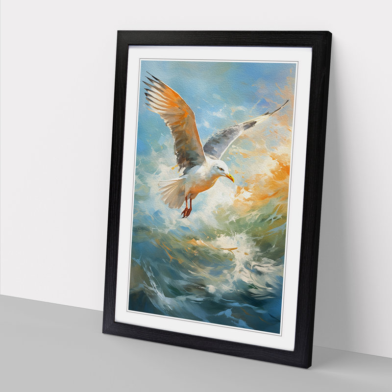 Seagull Impressionism - Single Picture Frame Print on Wood, Black, 46cm H x 34cm W x 2cm D