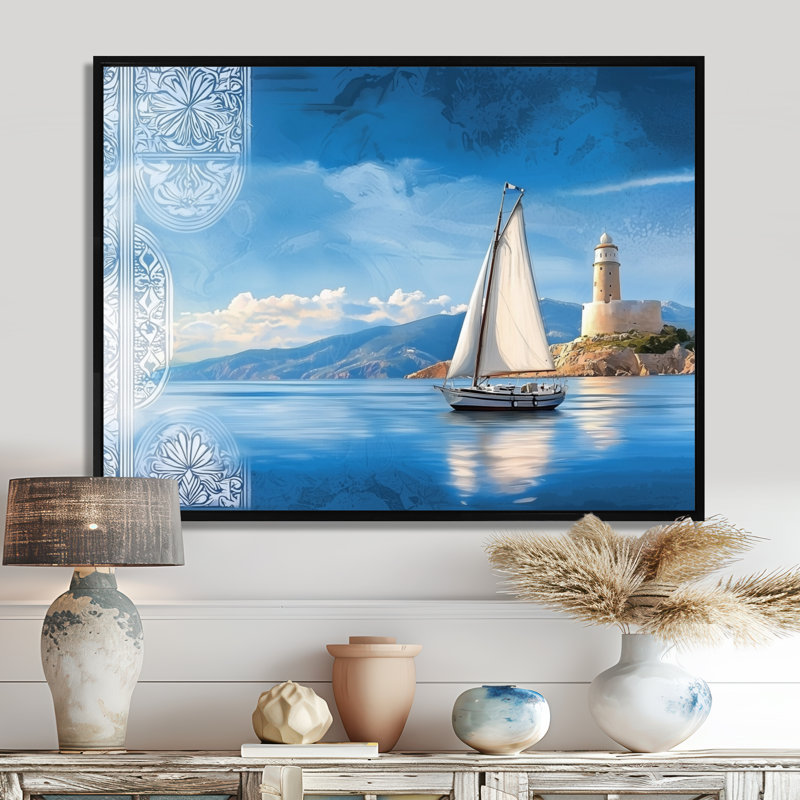 «Grèce Dream Sailboat Horizon», reproduction d'art sur voiliers, H 34 po x l 44 po, Noir