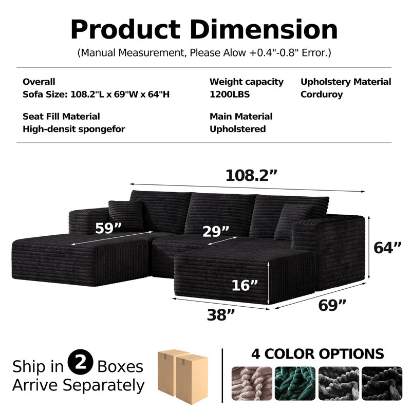 106" Sectional Boneless Couch for Living Room,Modern Modular Cloud Couch with Deep Seat,Upholstered Sleeper Sofa with 2 Ottoman,Convertible Folding Couches,No Assembly (Black)
