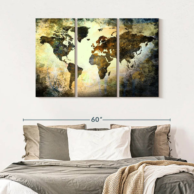 " Earthy Texture World Map " 3 Piece Art Set, 32" H x 50" W x 1.25"