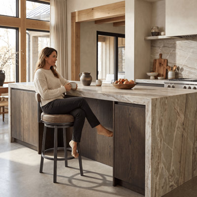 Deherrera Modern Swivel Counter or Bar Stool with Open Low Back and Footrest in Metal and Faux Leather