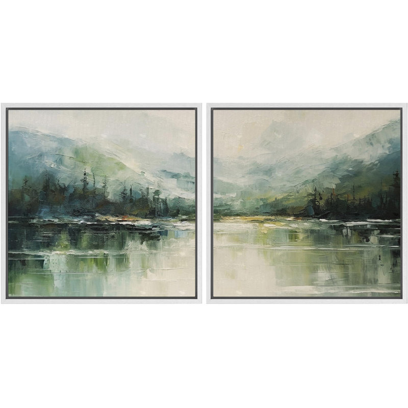 Vert, brume, montagne, réflexion, lac serein, nature, paysage, illustrations, art moderne, calme minimal, H 24 po x l 24 po