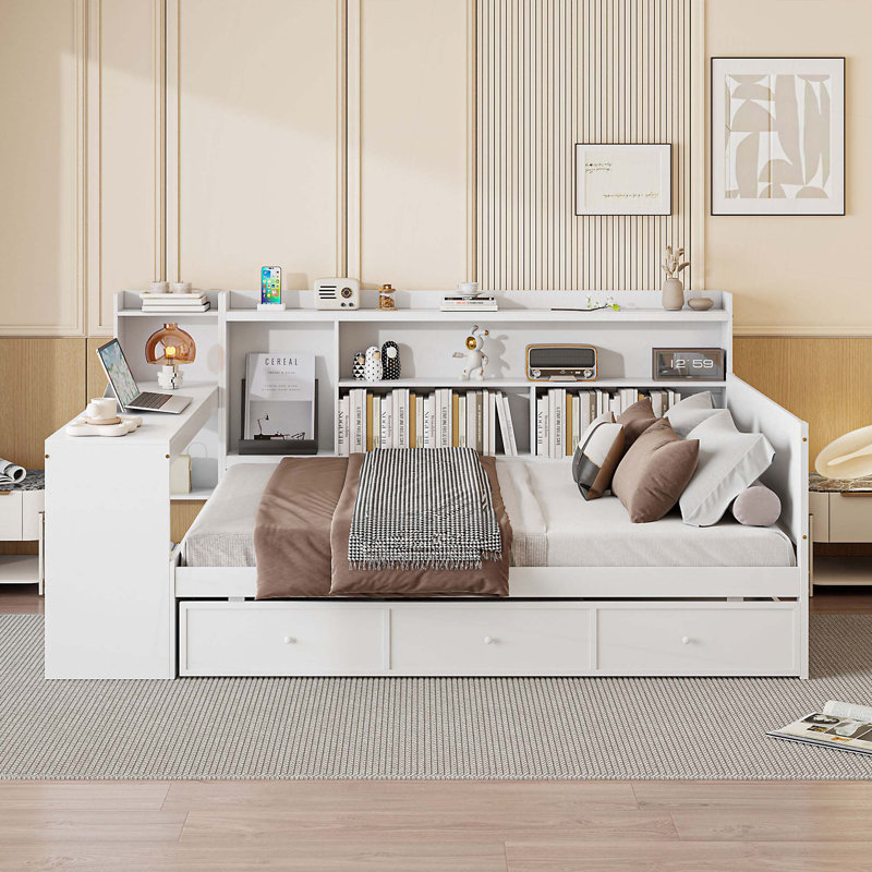 Wooden Daybed with 3 Drawers,USB Ports and desk, Full/Double, White