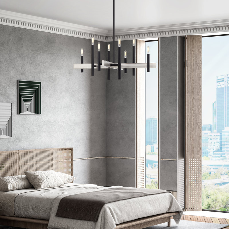 Lustre moyen 8 lumières noires avec accents en nickel brossé, Noir, 8