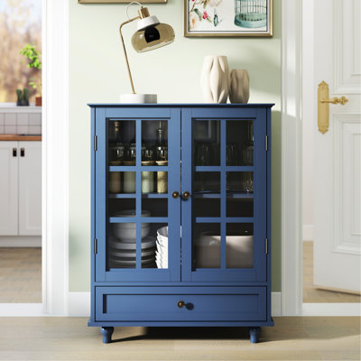 Modern Vintage Blue Buffet With Gracefully Curved Top, Double Glass Doors, And Adjustable Shelves, For Kitchen Hallway Cabinet Top Shatter - Glass, Kitchen, Bedroom, Or Use