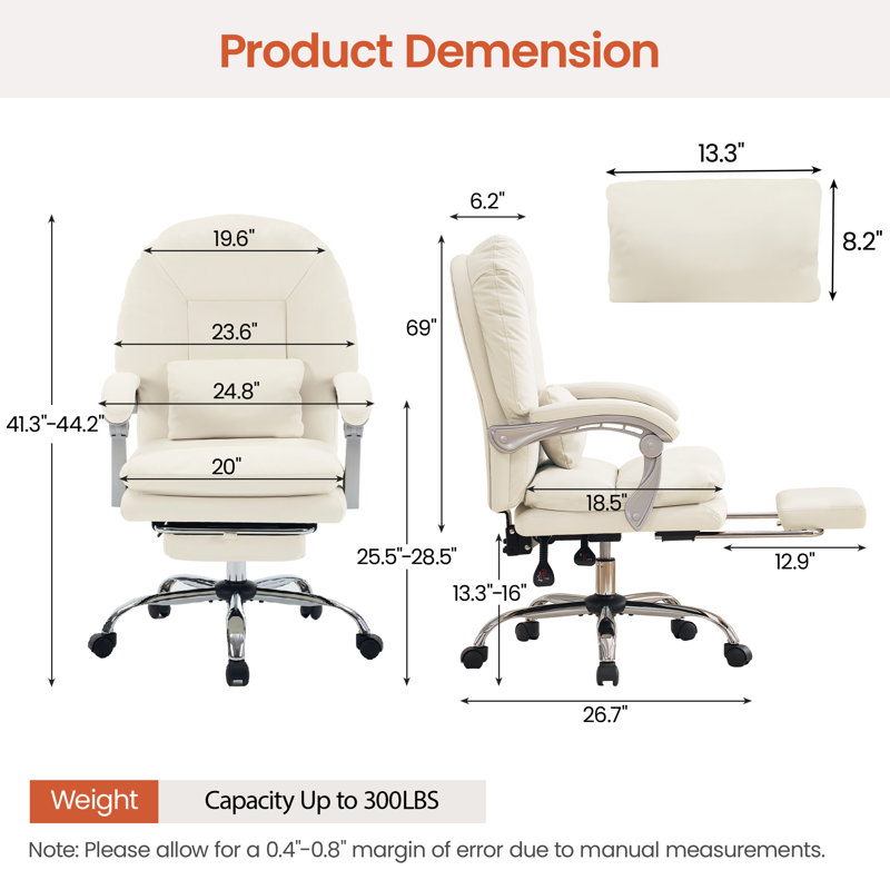 Fauteuil de direction avec repose-pieds, fauteuil de bureau inclinable et pivotant avec support lombaire, Blanc