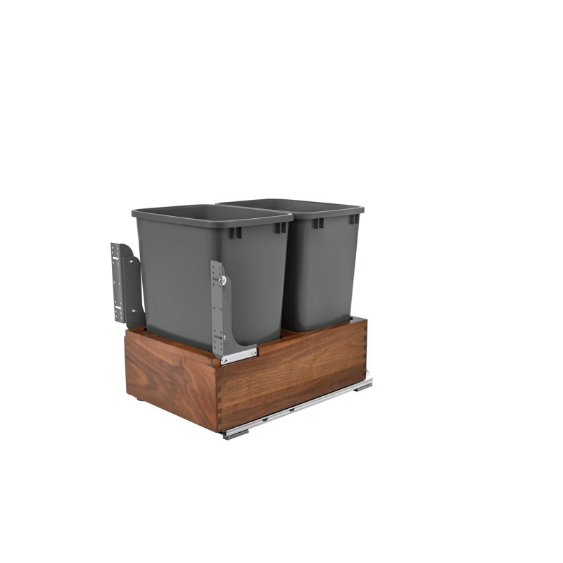 Double Silver 35 Qt. Walnut Bottom Mount Pullout Waste Container w/ (1) Lid and BLUM Soft-Close Slides, 8.75
