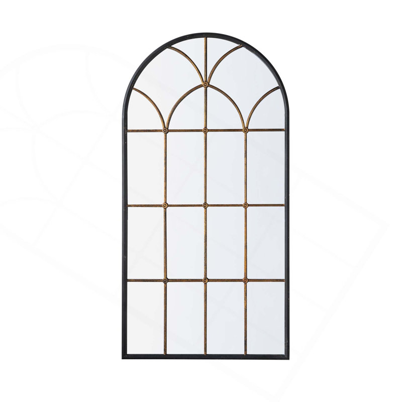 Arched Mirror With Black And Gold Windowpane Design, 65.5" x 34"