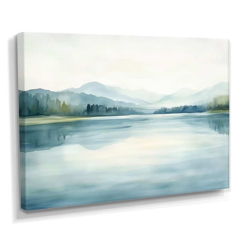 «Soft Lake Morning Reflection I - Blue Landscape», art mural encadré, H 12 po x l 20 po, Toile tendue