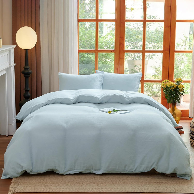 Ensemble de housse de couette en mousseline 100% coton lavé pour toutes les saisons, Bleu clair