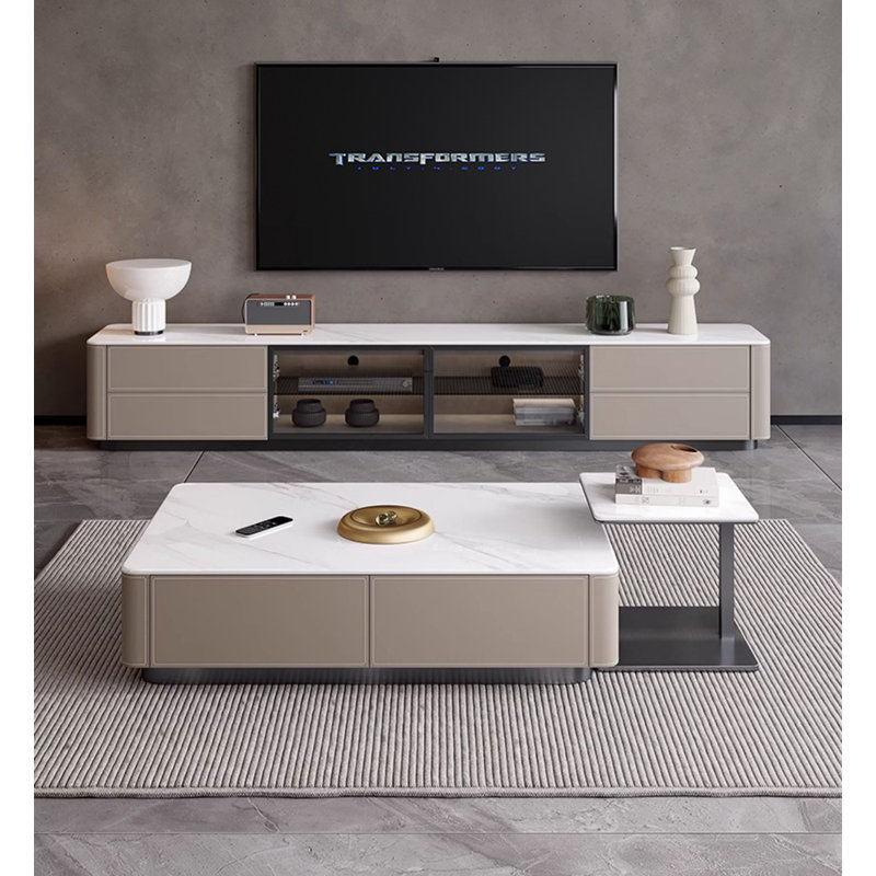 Meuble télé moderne avec plateau en pierre avec rangement en verre et tiroir, 18.5" H x 86.6" W x 15.7" D
