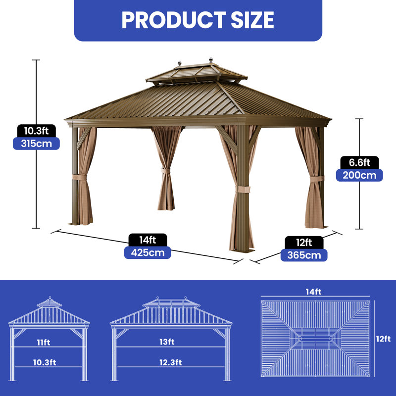 12ft x 14ft Hardtop Gazebo with Double Roof Design, include Curtains & Mesh Netting, Rust-Resistant Steel Top & Aluminum Frame, Outdoor Canopy Pavilion for Patio, Deck, Backyard, Suitable for All Seasons