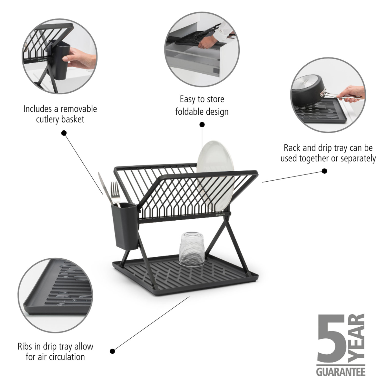 Brabantia Foldable Dish Rack, Dark Gray, 12.4" H x 14.6" W x 13" D 