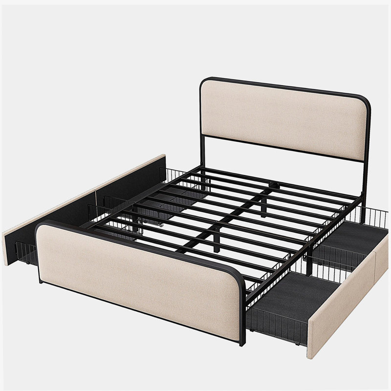 Structure de lit moderne en métal avec tête de lit et pied de lit rembourrés courbés, avec 4 tiroirs de rangement, base de lit en métal robuste