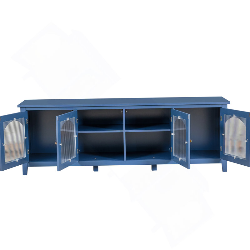 Alberta 70"L Modern TV Stand Cabinet with 4 Doors, Wood Wide Entertainment Center, Glass Doors, Blue