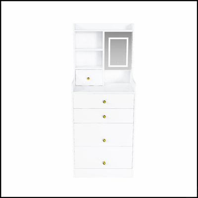 Coiffeuse 3 en 1 avec miroir à DEL, tabouret de rangement et bibliothèque ouverte - meuble-lavabo compact avec 4 tiroirs et armoire pour l'organisation de la chambre à coucher