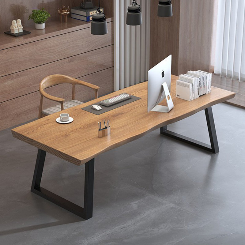 Burlywood+Black Rectangular Solid Wood+Iron desks, 29.53" H x 78.74" W x 31.5" D